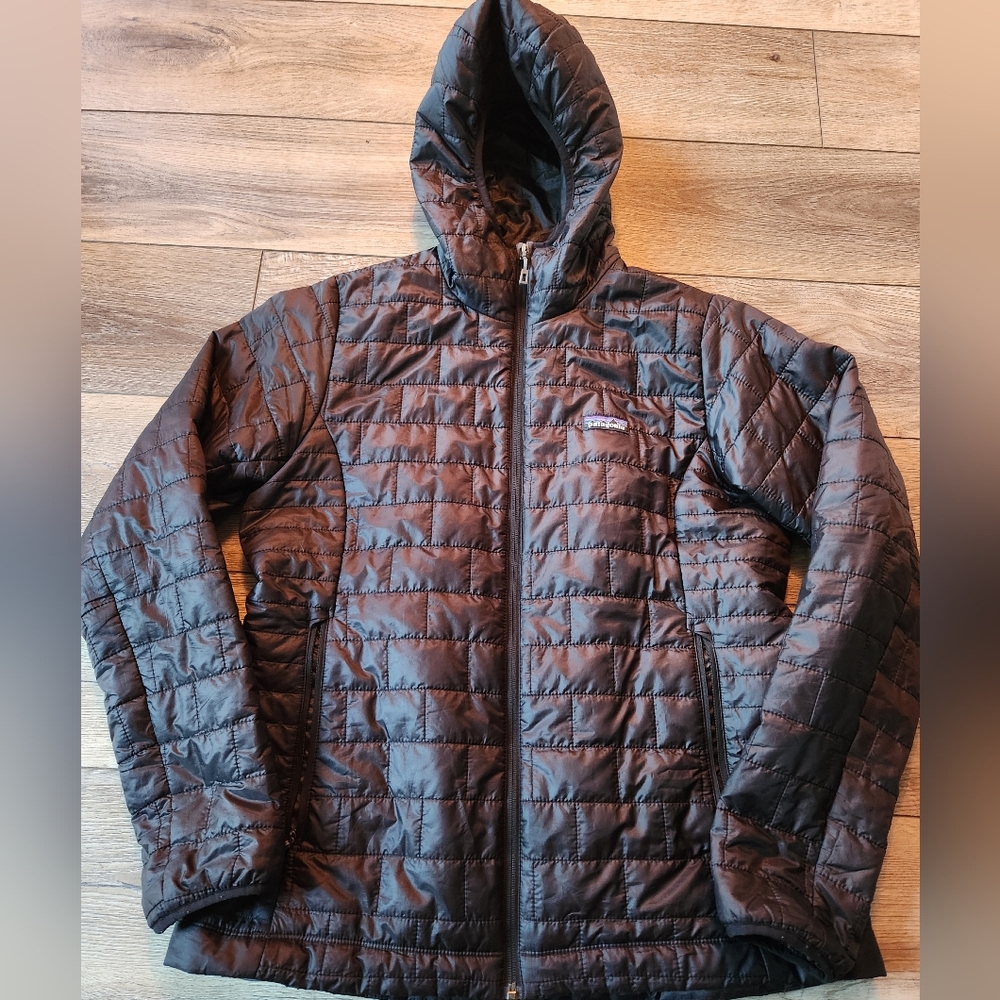 Women's Black Hooded Nano Quilted Patagonia Puff Jacket Coat Large